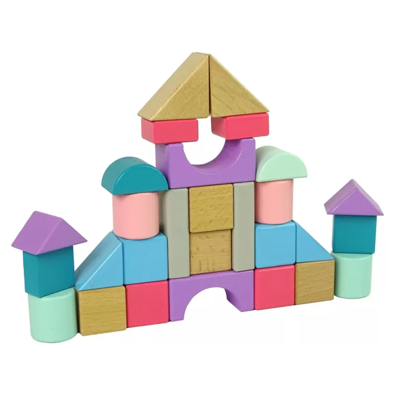LEAN TOYS Wooden Bricks Pastel Colours 28 Pieces Castle