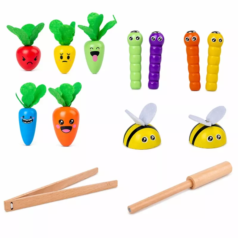 LEAN TOYS Medinių morkų ir sliekų magnetinis žaidimas su lazdele
