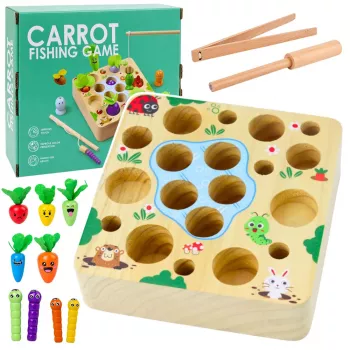LEAN TOYS Medinių morkų ir sliekų magnetinis žaidimas su lazdele