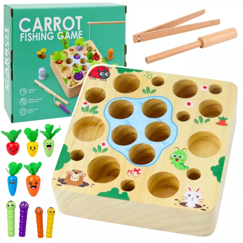 LEAN TOYS Medinių morkų ir sliekų magnetinis žaidimas su lazdele