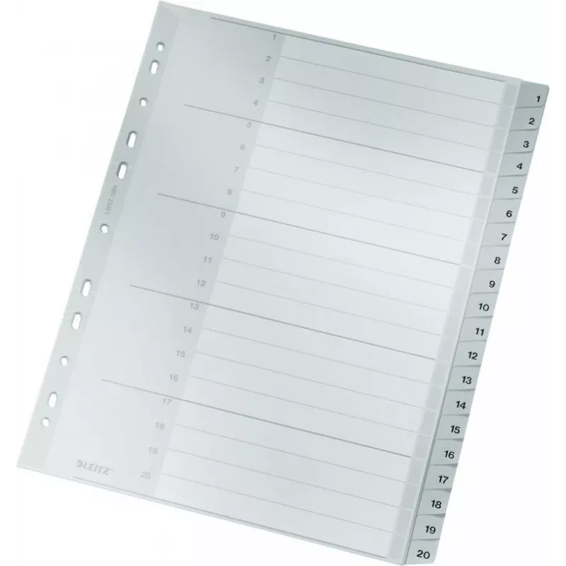 LEITZ 1284 A4 itin platūs numeruoti skyrikliai 1-20, pilki, 20 dalių, polipropilenas, 0,12 mm, su rašomu viršelio lapu 1284-00