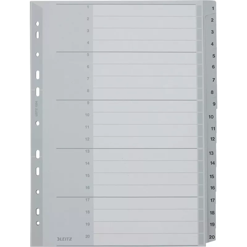 LEITZ 1284 A4 itin platūs numeruoti skyrikliai 1-20, pilki, 20 dalių, polipropilenas, 0,12 mm, su rašomu viršelio lapu 1284-00