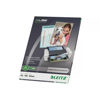 Leitz 7485-00-00 A3 laminavimo kišenės, blizgios, skaidrios, 125 mikronų, 100 vnt. pakuotė