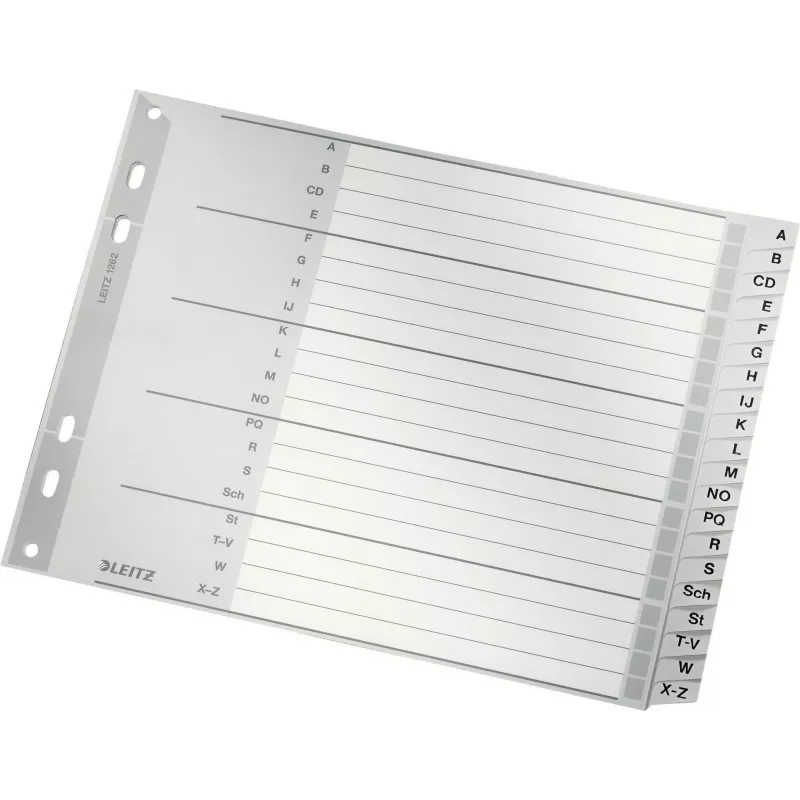 Leitz A-Z abėcėliniai skiriamieji lapai, A4, pilki plastikiniai skirtukai ant 250 g/m² kartono, 20 dalių, 11 skylių universalus perforavimas 1262-01-00
