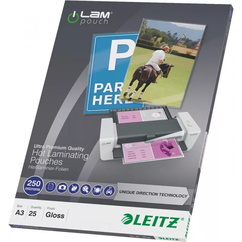 LEITZ A3 blizgūs laminavimo maišeliai 250 mikronų, skaidrūs kaip krištolas, 25 vnt. paketas (7491-00-00)