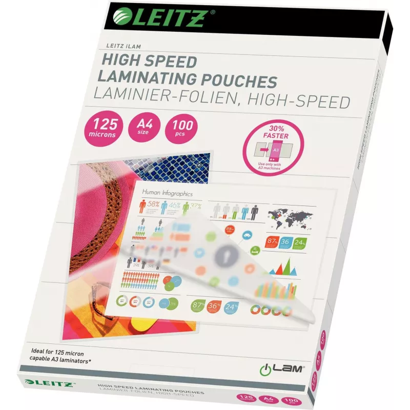 Leitz A4 laminavimo kišenės, 80 mikronų, blizgios, 100 vnt., neužstringančios UDT 7430-00-02