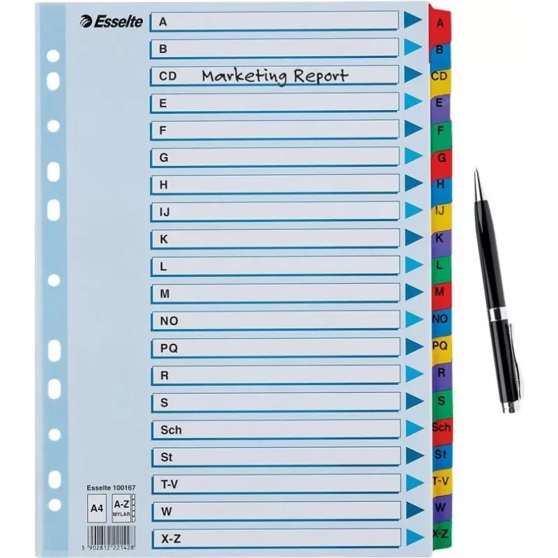 LEITZ A4 Mylar A-Z registro skirtukai, 26 skirtukai, įvairiaspalviai, universalus perforavimas, 160 gsm, 1 rinkinys (100167)
