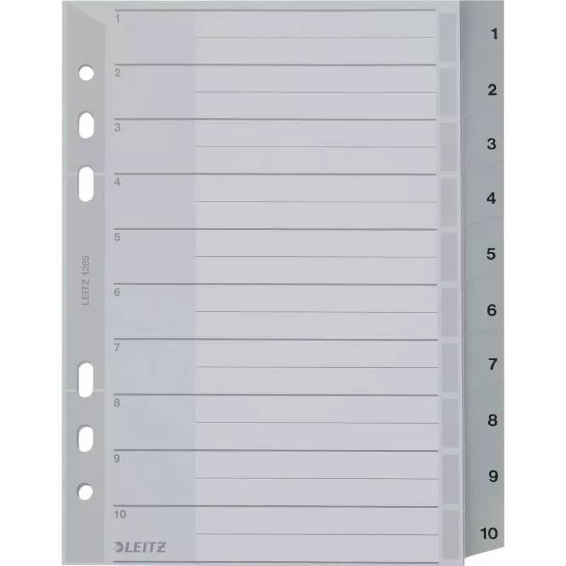 LEITZ A5 plastikiniai skyrikliai, numeruoti 1-10, pilki, 10 dalių, polipropilenas, 0,12 mm, su rašomu viršeliu 1285-00-00