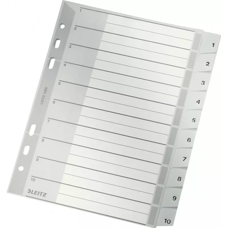 LEITZ A5 plastikiniai skyrikliai, numeruoti 1-10, pilki, 10 dalių, polipropilenas, 0,12 mm, su rašomu viršeliu 1285-00-00