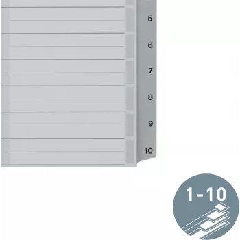 LEITZ A5 plastikiniai skyrikliai, numeruoti 1-10, pilki, 10 dalių, polipropilenas, 0,12 mm, su rašomu viršeliu 1285-00-00