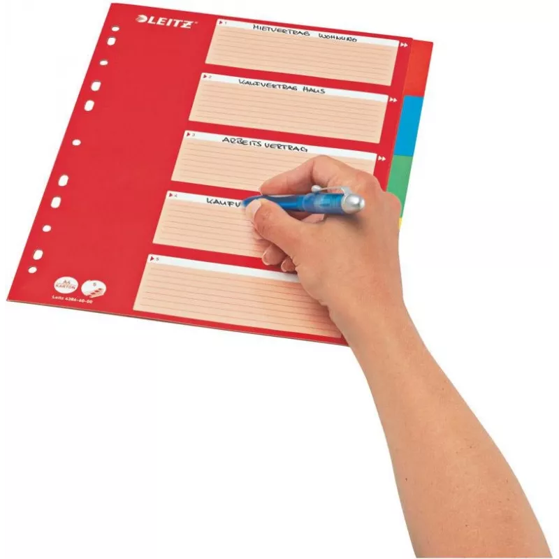 LEITZ kartoniniai skyrikliai, tušti skirtukai, A4, 5 dalių, įvairiaspalviai, 160 gsm, su raudonu rašomu viršeliu 250 gsm (4386-60-00)