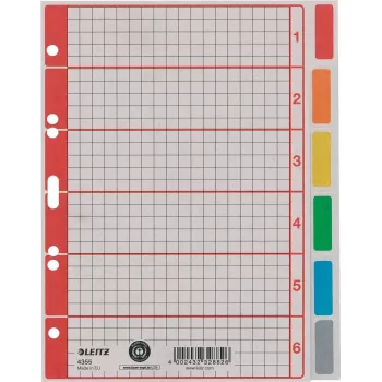 LEITZ itin tvirti kartoniniai registro skirtukai, tušti, A5, 6 dalių, pilki 230 g/m², rašomas viršelio lapas su tinkleliu 4355-00-85