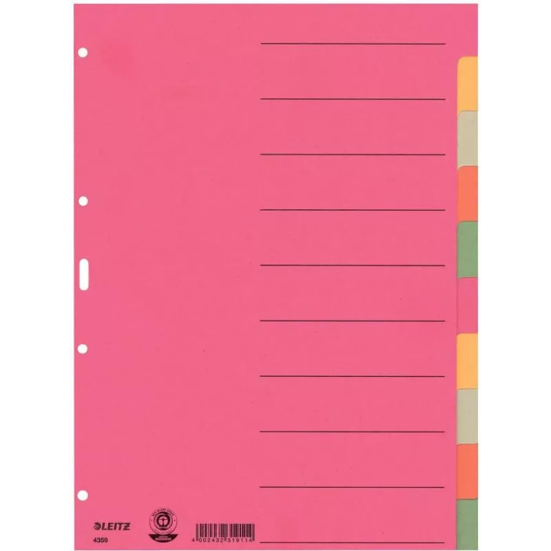 LEITZ itin tvirti kartoniniai registro skirtukai, tušti skirtukai, A4, 10 dalių, įvairiaspalviai, 230 gsm, 5 spalvų per visą storį dažytas kartonas (4359-00-00)