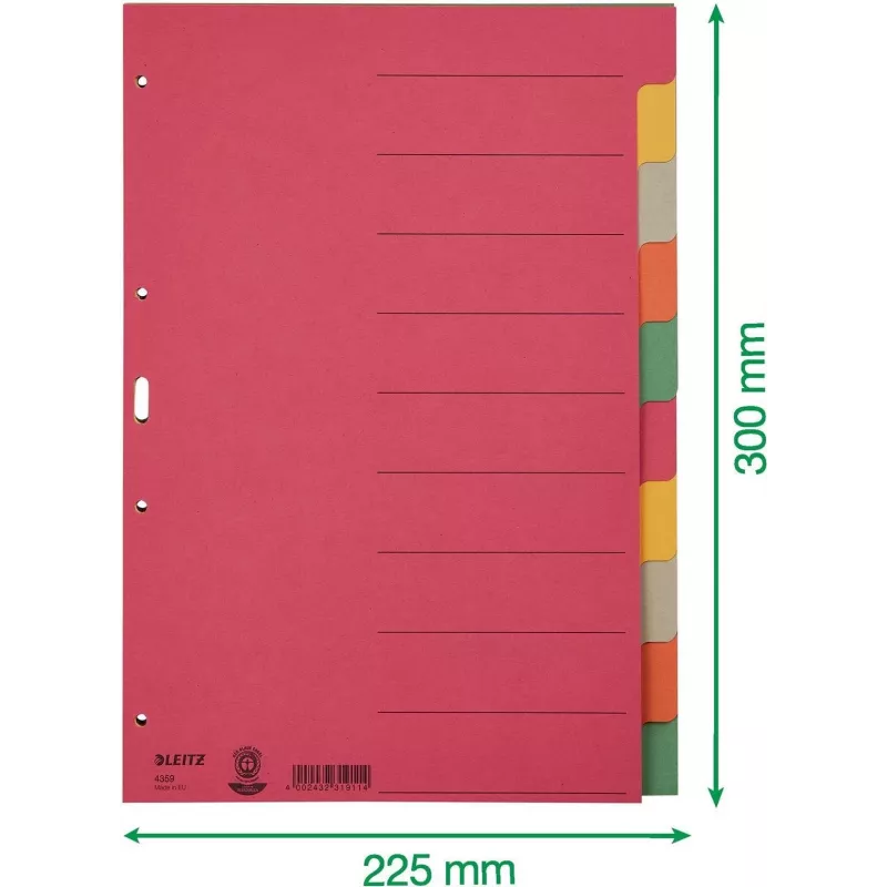 LEITZ itin tvirti kartoniniai registro skirtukai, tušti skirtukai, A4, 10 dalių, įvairiaspalviai, 230 gsm, 5 spalvų per visą storį dažytas kartonas (4359-00-00)