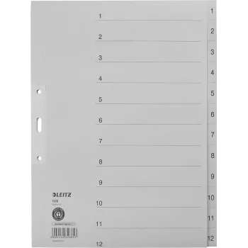 LEITZ Manilos skirtukai, skaitmeniniai 1-12, A4 itin platus, pilki, 12 dalių, 100 gsm, 80 mm perforacija, sustiprintos skylės 1233-00-85