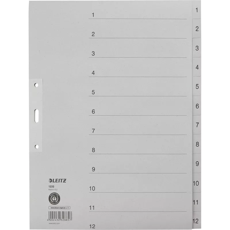 LEITZ Manilos skirtukai, skaitmeniniai 1-12, A4 itin platus, pilki, 12 dalių, 100 gsm, 80 mm perforacija, sustiprintos skylės 1233-00-85