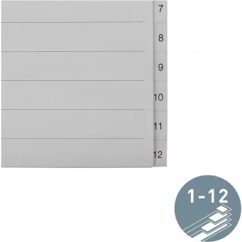 LEITZ Manilos skirtukai, skaitmeniniai 1-12, A4 itin platus, pilki, 12 dalių, 100 gsm, 80 mm perforacija, sustiprintos skylės 1233-00-85