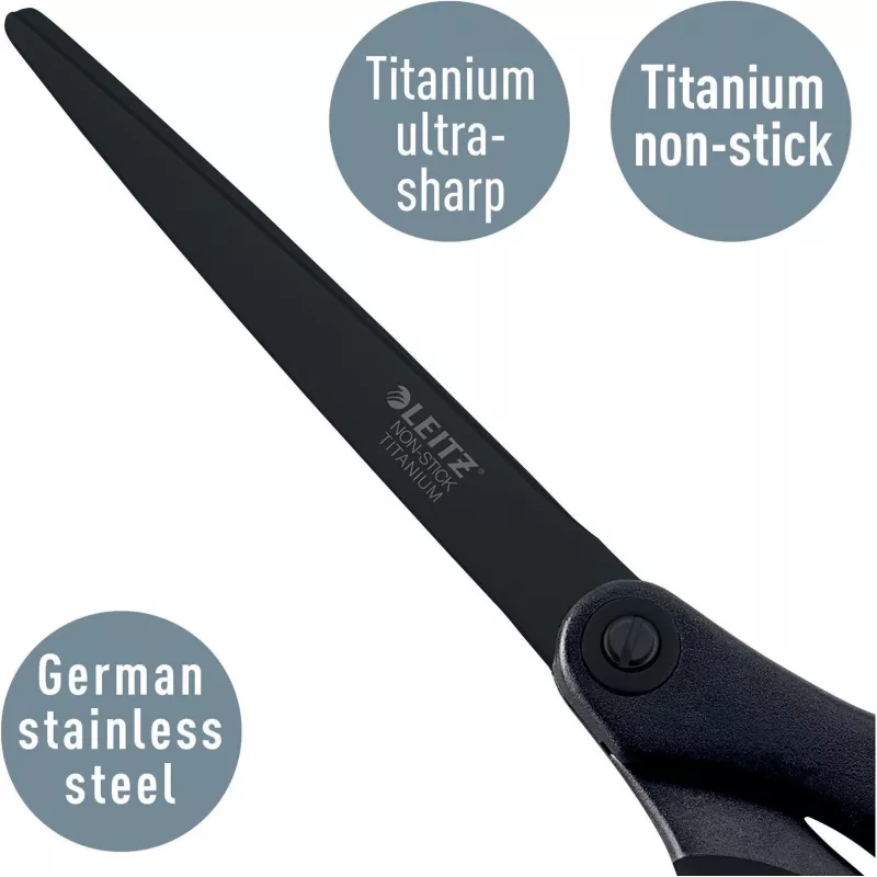Leitz Titanium Quality žirklės 180 mm, nerūdijančio plieno ašmenys su titano danga, ergonomiškos minkštos rankenos, juodos/raudonos, skirtos popieriui ir audiniams 5419-60-95