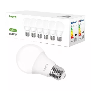 LEPRO 100090-DW-EU-6 LED lemputė, E27, A60, 8,5W (60W atitikmuo), 806 lm, 6500K šalta balta, 180° spindulio kampas, 6 vnt. pakuotė