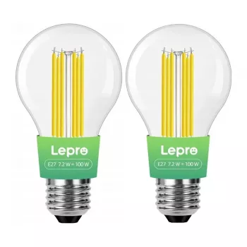 LEPRO 100094-WW-EU-2 E27 kaitinamojo siūlelio LED lemputė, 7,2W (atitinka 100W), 1521 lm, 2700K šilta balta, energijos klasė A, 2 vnt.
