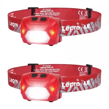 LEPRO 320014-R-2 USB įkraunamas LED žibintuvėlis ant galvos, 2 vnt., 200 liumenų, IPX4 atsparus vandeniui, 5 režimai su raudona šviesa, USB-C įkrovimas, reguliuojamas galvos dirželis