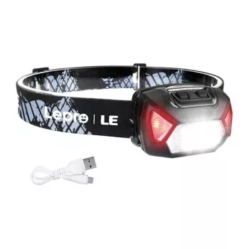 LEPRO 320014 USB įkraunamas LED žibintuvėlis su CREE XPE prožektoriumi, COB pločio šviesa, raudona šviesa, IPX4 atsparus vandeniui, 300 liumenų, 1200mAh baterija, reguliuojama elastinė juosta - juoda