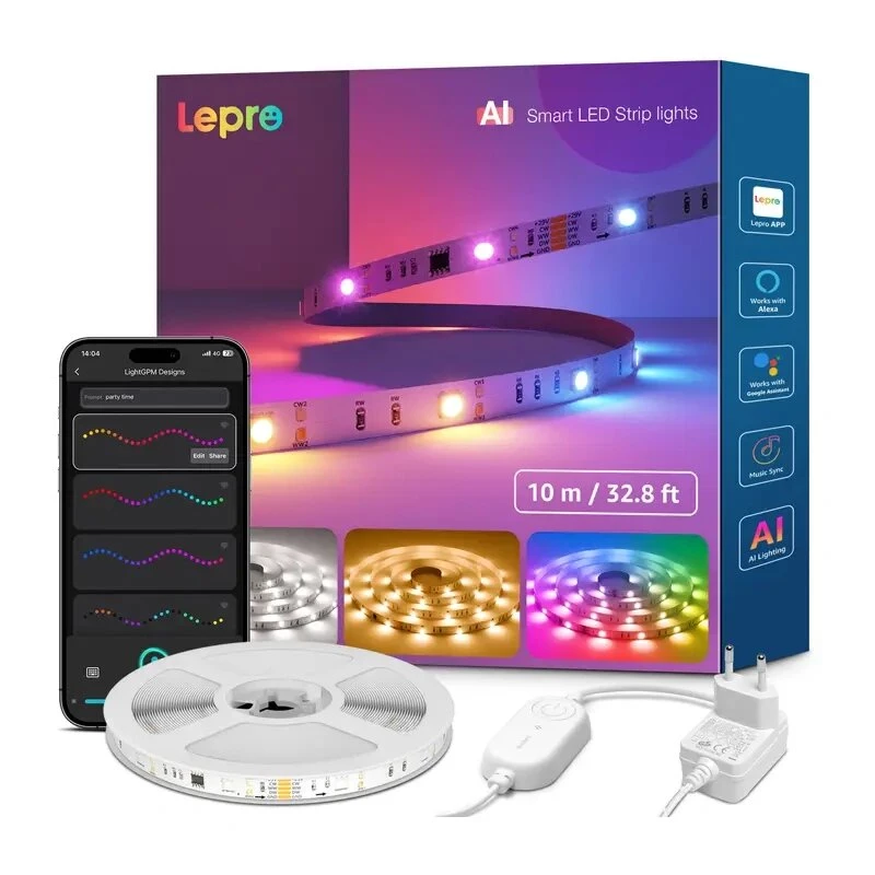 Lepro S2 10m išmanioji RGBIC LED juosta su Wi-Fi ir Bluetooth, veikia su Alexa ir Google Assistant