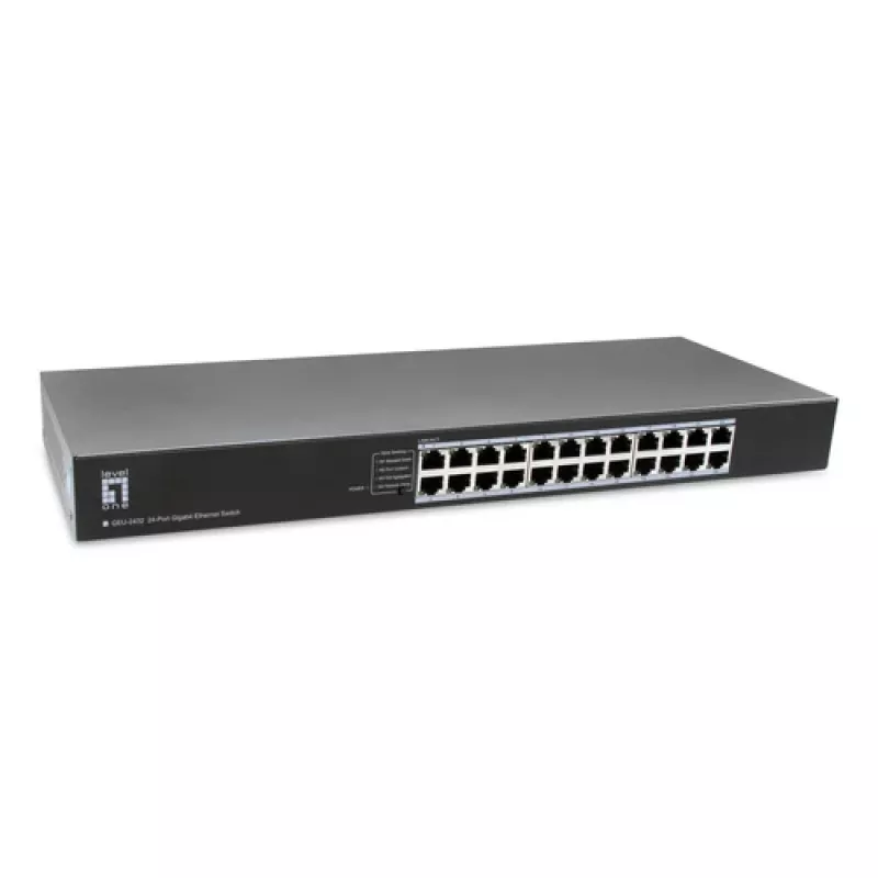 LevelOne GEU-2432 24 prievadų gigabitinio eterneto komutatorius, 4 režimų DIP jungiklis, 19 colių stelažinis, nevaldomas, metalinis korpusas