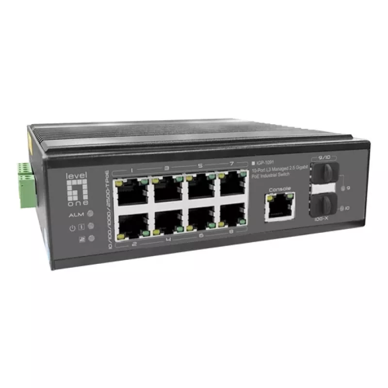 LevelOne pramoninis PoE+ jungiklis 8x 2.5G PoE, 2x 1G, 2x 10G SFP+ Uplinks, nevaldomas, DIN bėgelis, IP30