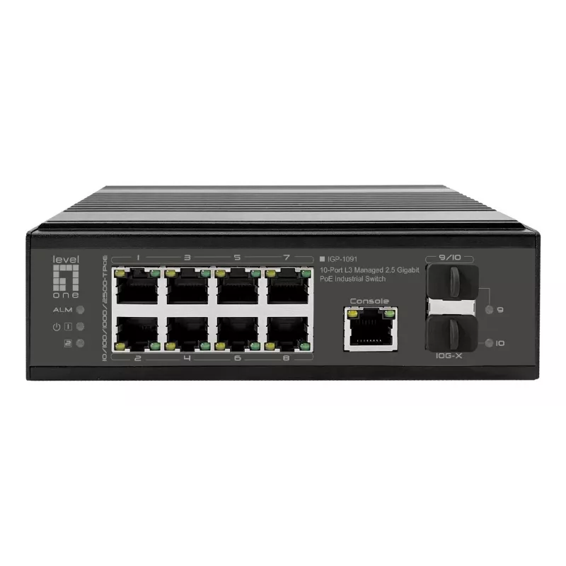 LevelOne pramoninis PoE+ jungiklis 8x 2.5G PoE, 2x 1G, 2x 10G SFP+ Uplinks, nevaldomas, DIN bėgelis, IP30