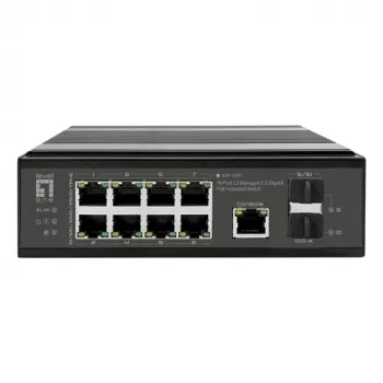 LevelOne pramoninis PoE+ jungiklis 8x 2.5G PoE, 2x 1G, 2x 10G SFP+ Uplinks, nevaldomas, DIN bėgelis, IP30
