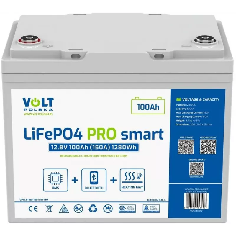 LiFePO4 akumuliatorius Volt Polska PRO SMART 12.8V 100 Ah (150A) BMS BLUETOOTH + ŠILDYMO PLOKŠTELĖ