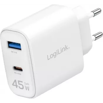 LogiLink 45W GaN USB Wall Charger, 1x USB-C PD, 1x USB-A QC, Baltas, Euro Plug (PA0410)