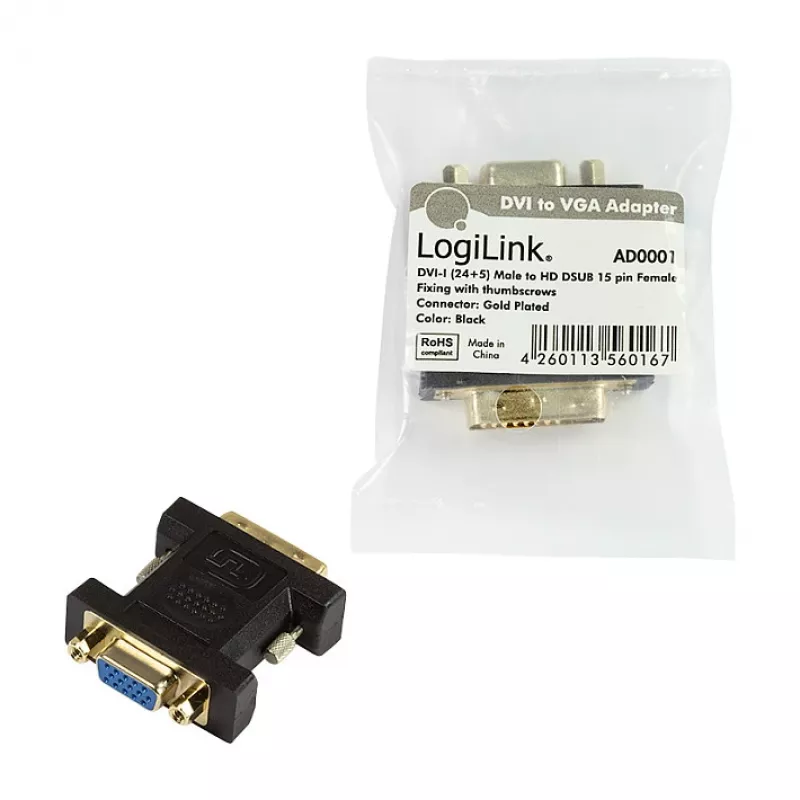 LogiLink AD0001 DVI-I į VGA adapteris, DVI-I vyriškas į HD15 moterišką, 1080p, juodas