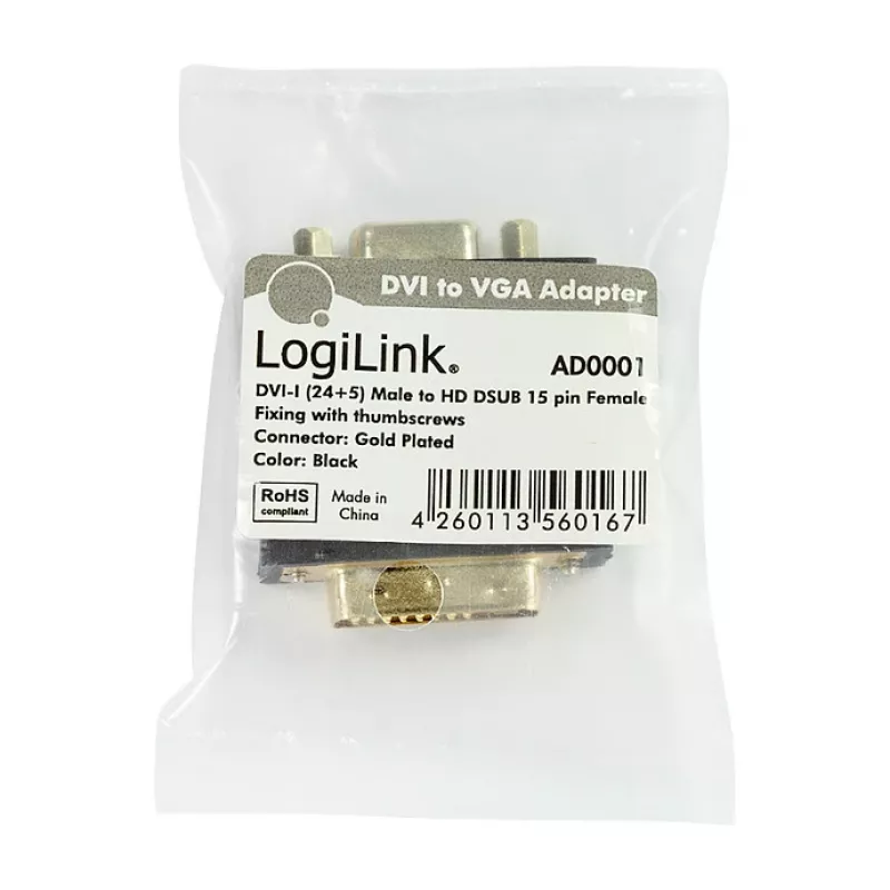 LogiLink AD0001 DVI-I į VGA adapteris, DVI-I vyriškas į HD15 moterišką, 1080p, juodas