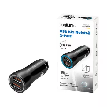 LogiLink PA0285 2 prievadų USB automobilinis įkroviklis 10.5W, LED apšvietimas, juodas