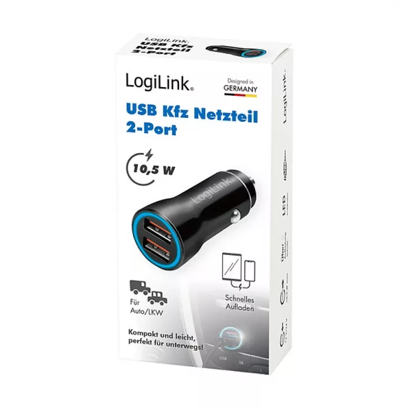 LogiLink PA0285 2 prievadų USB automobilinis įkroviklis 10.5W, LED apšvietimas, juodas