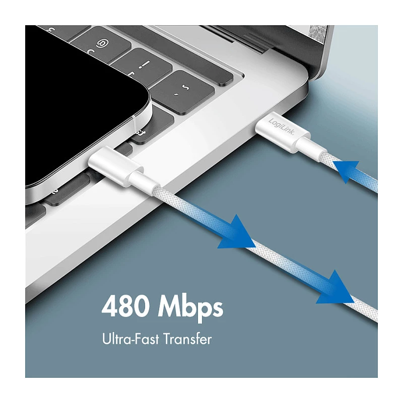 LogiLink CU0320 USB 2.0 Type-C laidas, USB-A į USB-C, 480 Mbps, 60W, nailono pynė, baltas, 0,5 m