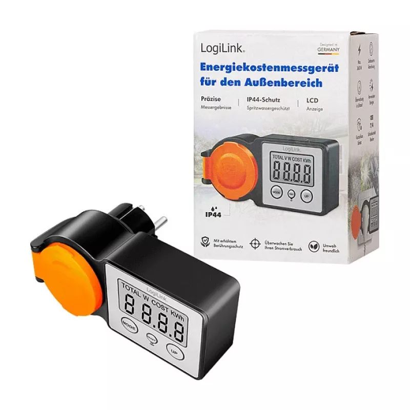 LogiLink energijos sąnaudų matuoklis lauke, IP44 atsparus purslams, 16A, 3680W, Schuko, LCD