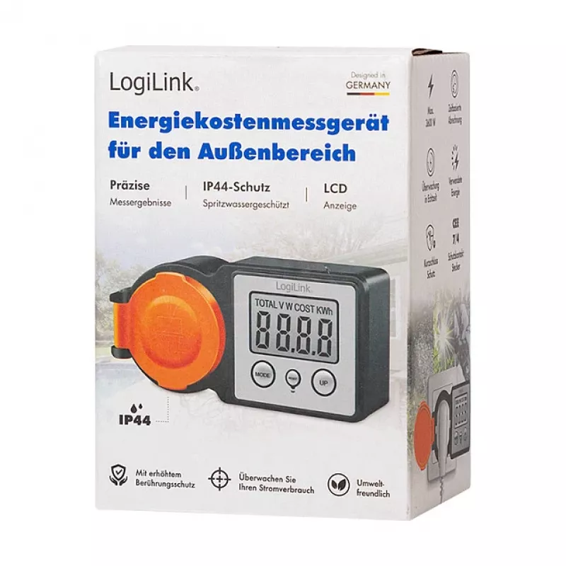 LogiLink energijos sąnaudų matuoklis lauke, IP44 atsparus purslams, 16A, 3680W, Schuko, LCD