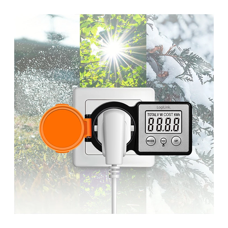 LogiLink energijos sąnaudų matuoklis lauke, IP44 atsparus purslams, 16A, 3680W, Schuko, LCD