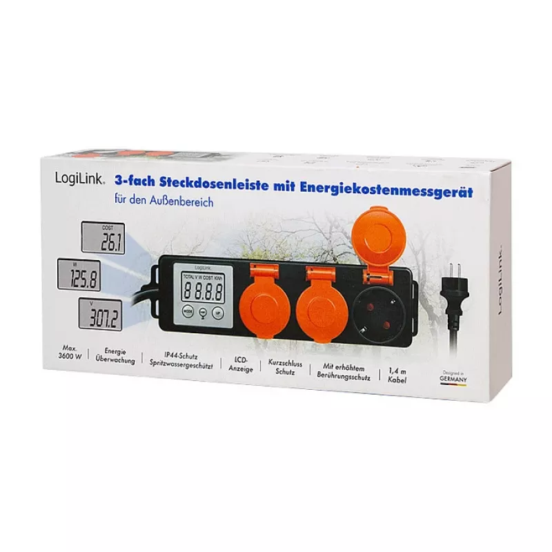 LogiLink Energijos sąnaudų matuoklis su 3 lauko lizdais, IP44, Schuko, 3680 W