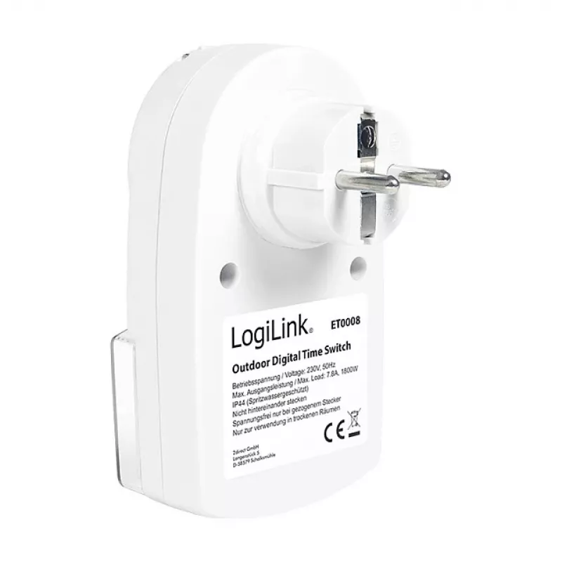 LOGILINK ET0008 lauko skaitmeninis laikmatis - IP44, 10 ON/OFF programų, 16A/3680W, Schuko (F tipas), juoda/pilka