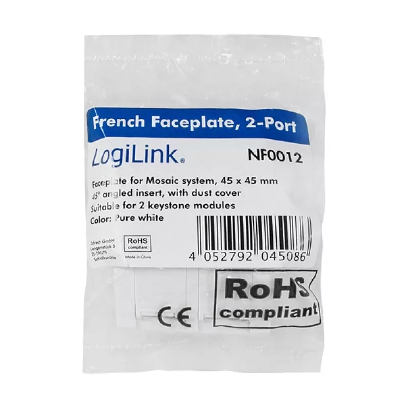 LogiLink Prancūziška sieninė plokštelė 45° tipo, 45x45 mm, 2 prievadai, balta