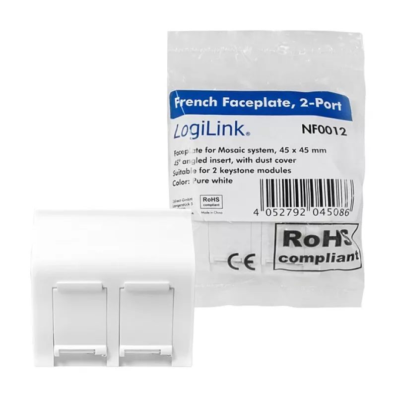 LogiLink Prancūziška sieninė plokštelė 45° tipo, 45x45 mm, 2 prievadai, balta