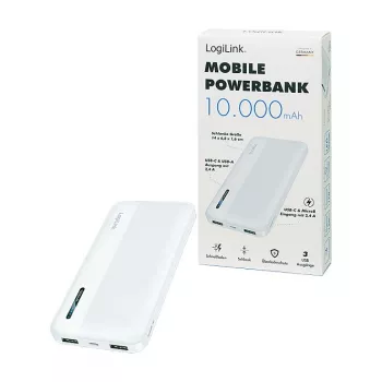 Logilink mobilusis maitinimo bankas, LiPo, 10000 mAh, USB-C įėjimas/išėjimas, baltas