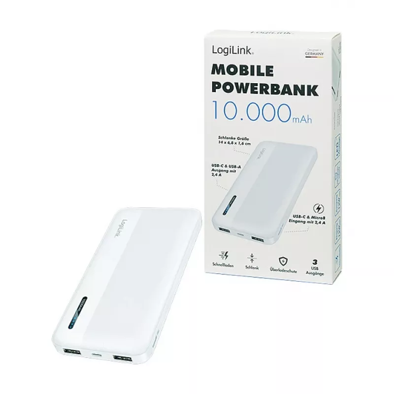 Logilink mobilusis maitinimo bankas, LiPo, 10000 mAh, USB-C įėjimas/išėjimas, baltas