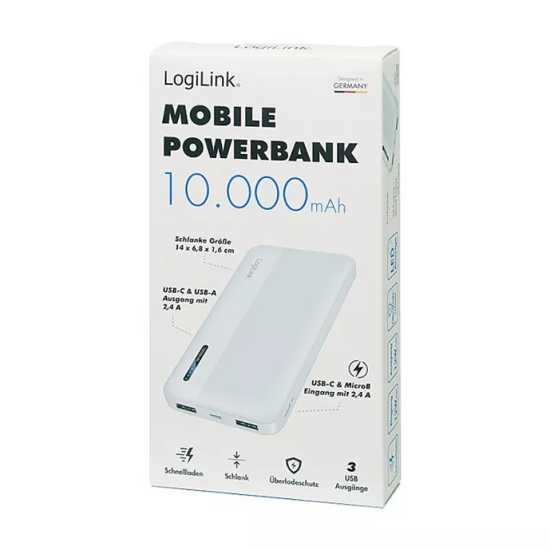 Logilink mobilusis maitinimo bankas, LiPo, 10000 mAh, USB-C įėjimas/išėjimas, baltas