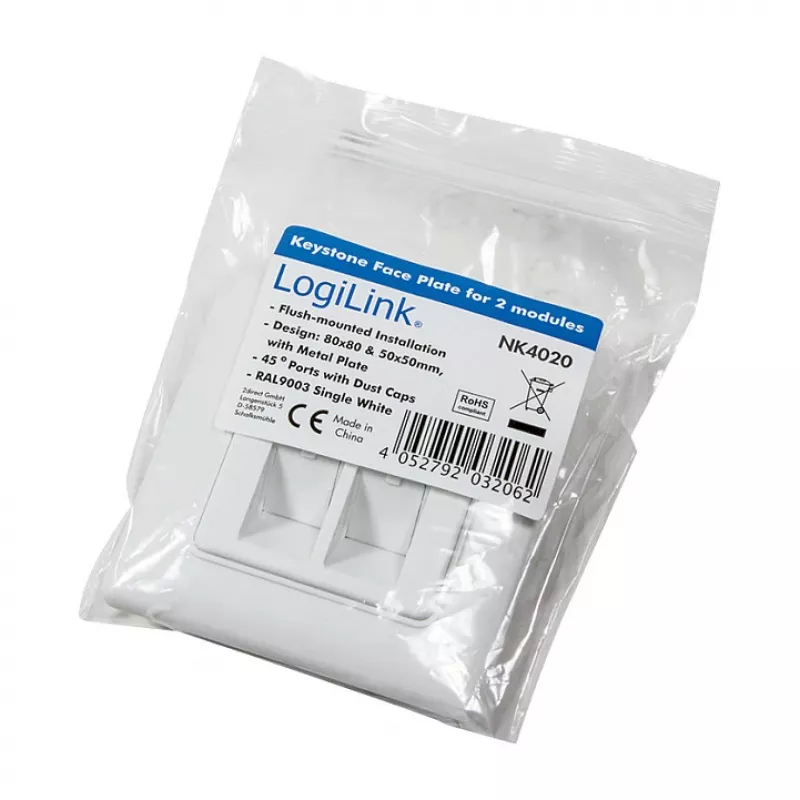 LogiLink NK4020 Keystone sieninė plokštė, įleidžiama, 2 moduliai, signalinė balta