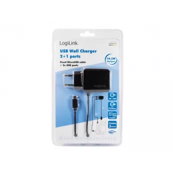 LogiLink PA0157 3 prievadų USB sieninis įkroviklis 10.5W su integruotu Micro-USB laidu, juodas